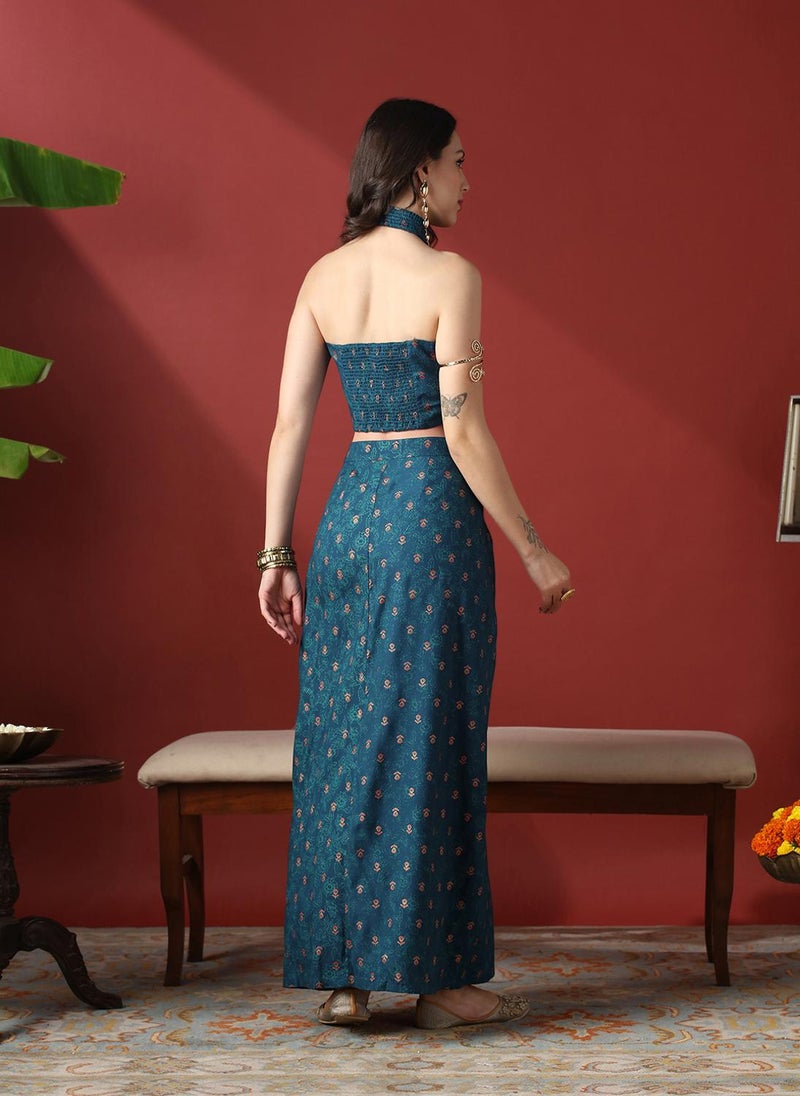 Globus Women Navy Blue Floral Print Smock Detail Halter Neck Crop Top With Pleated Maxi Skirt Fusion Co-Ord Set - Image 4